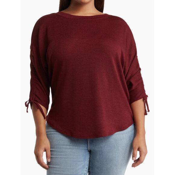Max Studio Wine Tie Cinched Sleeve Ribbed Top Size 1X NWT - Picture 1 of 10